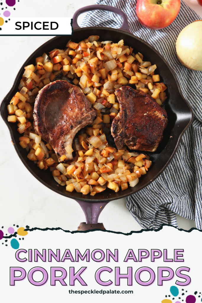 Cinnamon Apple Pork Chops in a skillet, after cooking, with Pinterest text